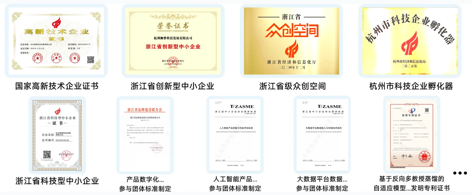 御梦科技高新技术企业、创新型中小企业、专利及标准等资质成果展示